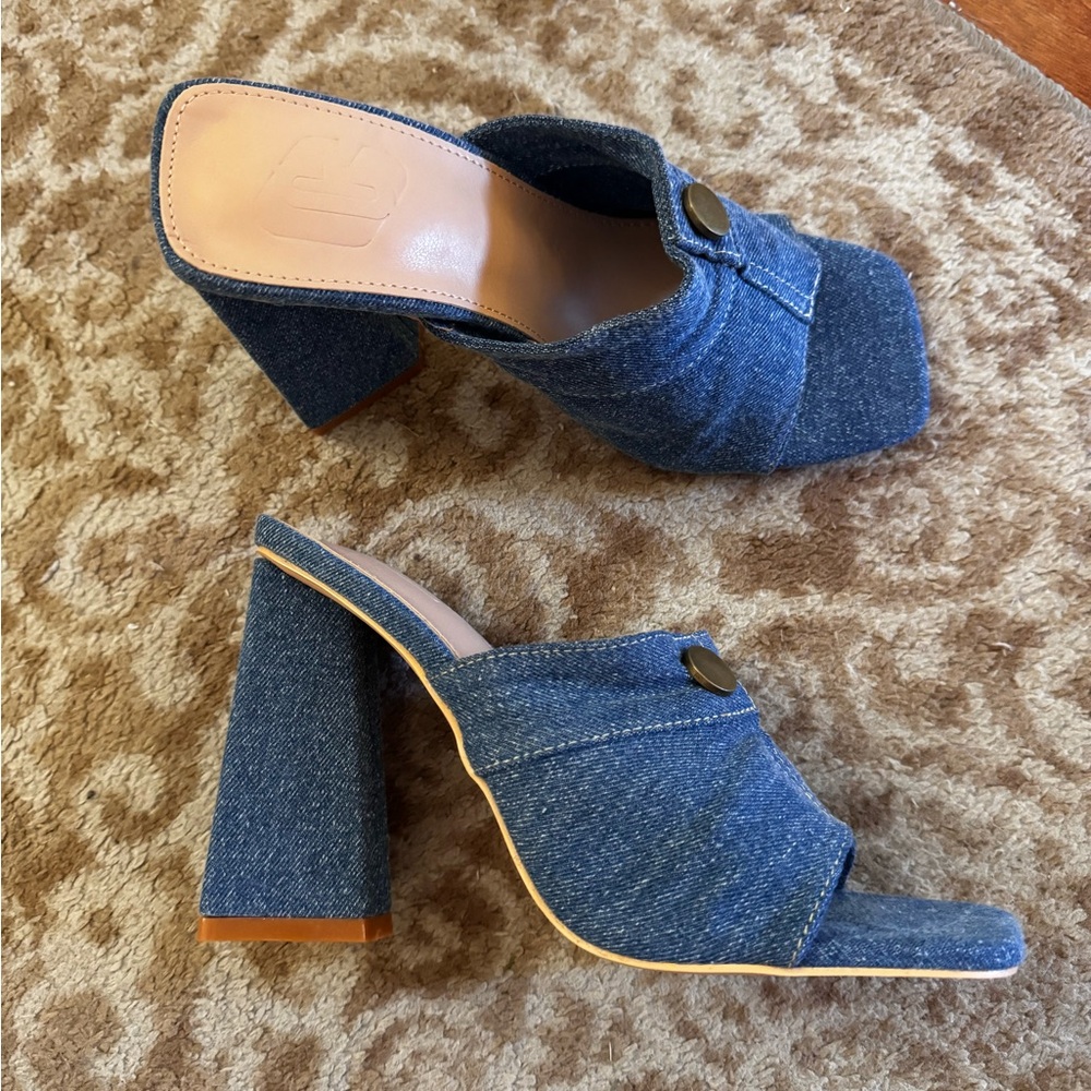Denim Slide Mules with Block Heel - Blue - Picture 3 of 9